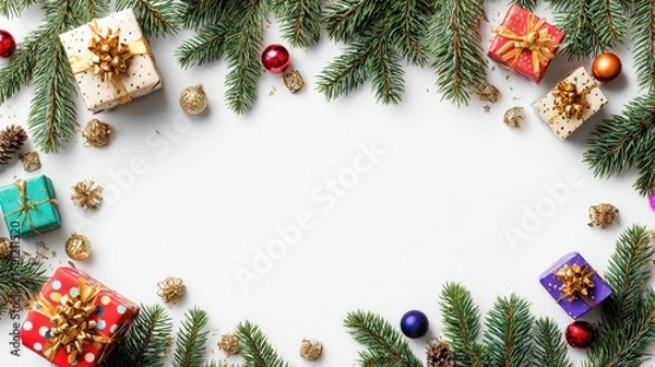 Fototapeta christmas poster vertical banner design flat lay handmade gift boxes colorful decorations fir branches garland balls on white background top view with copy space