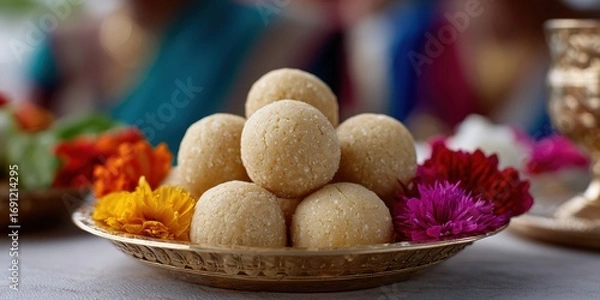 Fototapeta indian sweet treats, ladoos on a brass plate, surrounded by colorful flower petals, with a focused texture and a blurred family praying in the background
