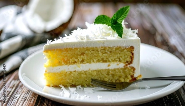 Fototapeta A slice of coconut cake on a plate (1)