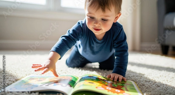 Fototapeta Young boy reading colorful picture book lying on carpet at home. Early childhood education and literacy development activity for toddler learning