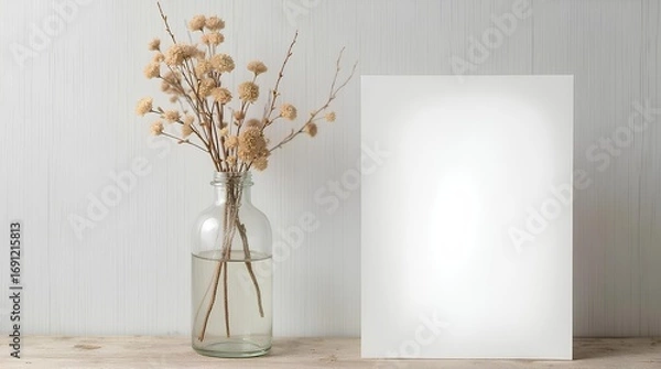 Obraz A blank paper leaning against the wall and a glass bottle filled with pink flowers.