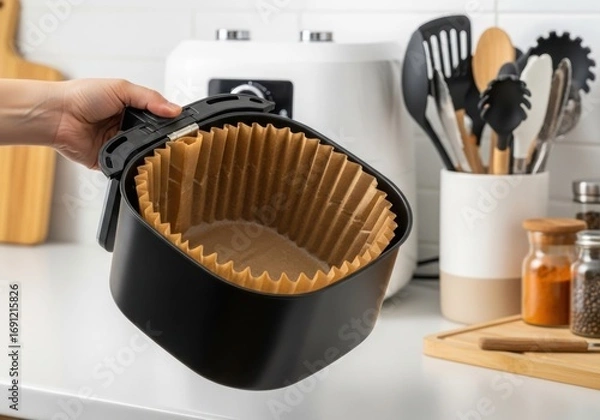 Obraz Hand holding an air fryer basket with a disposable paper liner