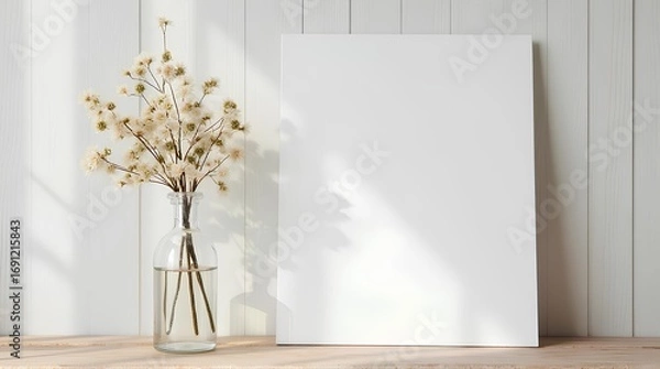 Obraz A blank paper leaning against the wall and a glass bottle filled with flowers against the sloping light.