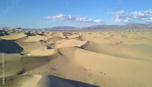 Fototapeta A sprawling desert landscape unfolds under a bright blue sky dotted with fluffy clouds. Gentle, sandy dunes ripple across the scene, fading into distant mountains on the horizon