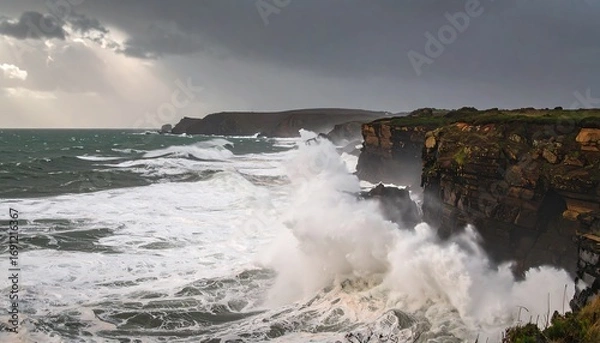Fototapeta Dramatic coastal waves crashing against cliffs under a stormy sky