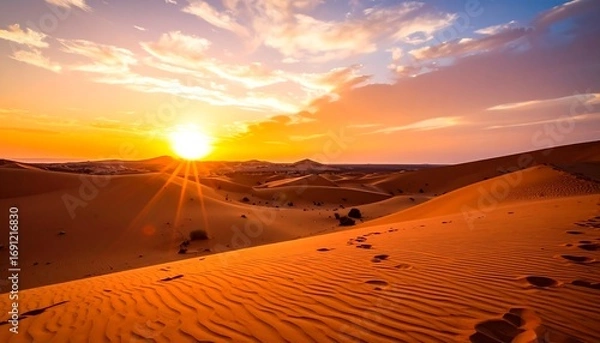 Fototapeta A warm, vibrant desert landscape at sunset. Footprints mark the sand dunes, bathed in golden light. A bright sun sets amidst a cloudy sky, casting long shadows and a sense of serenity