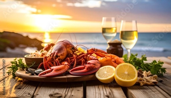 Fototapeta A wood platter with red lobster, seafood dish, sliced lemons, parsley and two glasses of white wine is set against a sunset beach backdrop