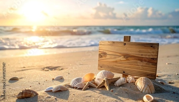 Fototapeta A wooden sign sits on a sandy beach surrounded by seashells with waves gently lapping the shore and a golden sunset illuminating the scene