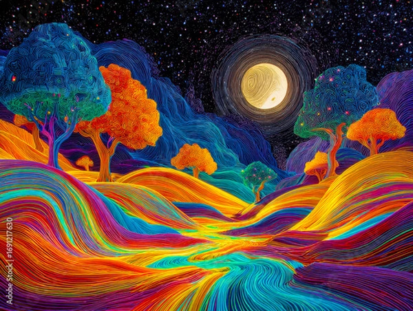 Fototapeta Vibrant, surreal landscape with glowing neon trees under a luminous full moon in a starry night sky