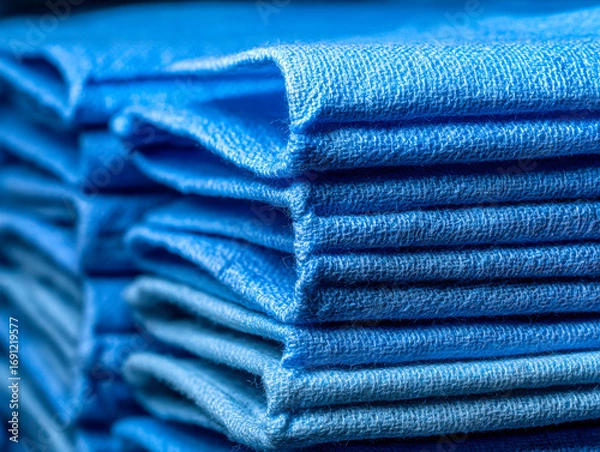 Fototapeta Stack of neatly folded blue towels depicting soft and absorbent fabric