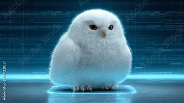 Fototapeta A white owl with glowing neon accents sits on a digital platform, exuding a futuristic and mystical vibe. Perfect for tech, innovation, and fantasy themes.