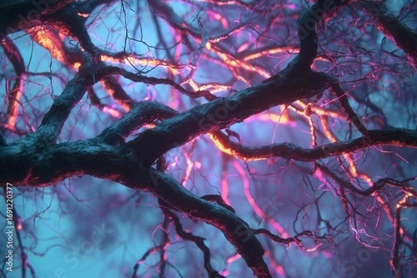 Fototapeta Fantasy tree branches glowing with neon lights.