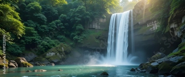 Fototapeta A large waterfall in a lush, green forest. A mystical and calm natural landscape with mossy rocks and clear turquoise water.