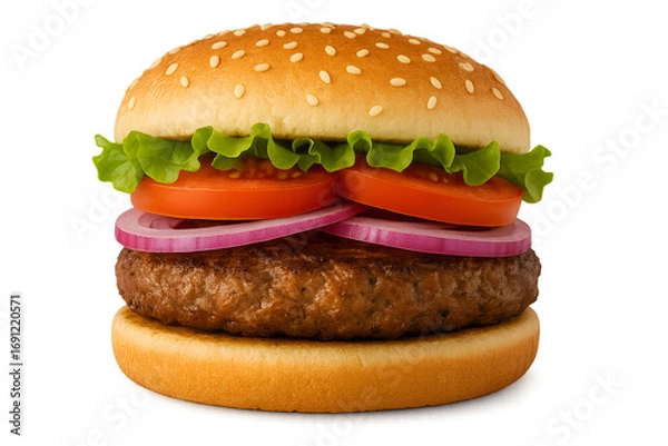 Fototapeta Realistic Hamburger with Tomato and Onion – Juicy Beef Burger Isolated