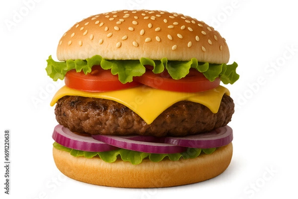 Fototapeta Cheeseburger with Melted Cheese, Tomato, and Onion – Classic Beef Burger