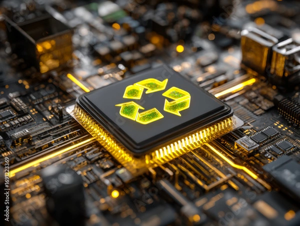 Fototapeta Digital recycling symbol on a futuristic computer circuit board
