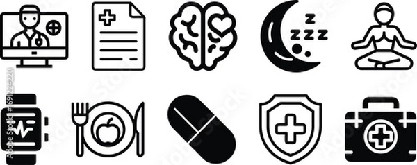 Obraz Collection of black medical and health icons in silhouette style isolated on transparent background representing telemedicine doctor medical record brain health sleep meditation fitness tracker health