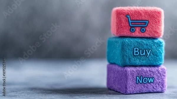 Fototapeta Brightly colored blocks stacked together display call-to-action Buy Now phrase related to online shopping