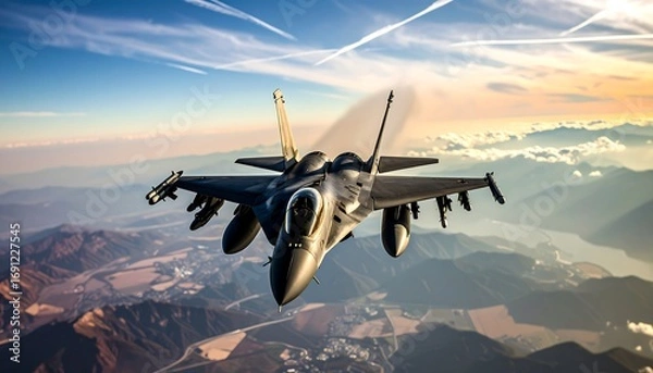Fototapeta An advanced fighter jet soars through a picturesque sky, contrails highlighting its powerful flight over a scenic landscape of mountains and fields, captured with a wide-angle perspective