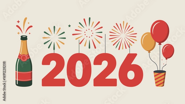 Fototapeta Champagne celebration with fireworks and balloons marks the arrival of 2026 with festive joy