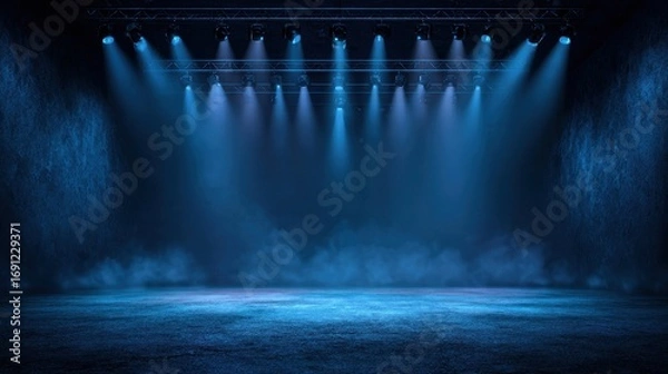 Fototapeta Stunning photo of dark stage shows, empty dark blue background, neon light, spotlights, The asphalt floor and studio room with smoke float up the interior texture for display.