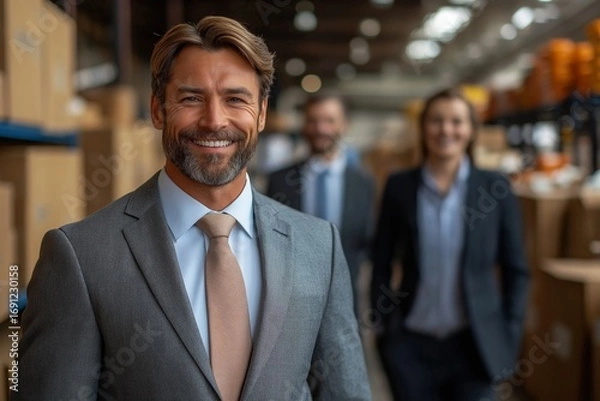 Fototapeta Group of business professionals in suits smiling confidently in a modern warehouse setting, ideal for corporate, networking, or teamwork promotions.