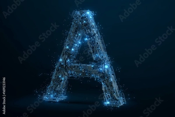 Fototapeta Futuristic digital circuitry shaped as letter a on dark background.