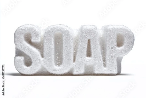 Fototapeta Foamy white soap bar in the shape of letters on white background.