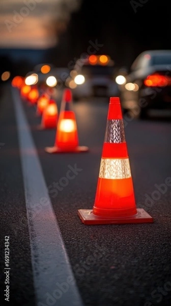 Fototapeta Stunning photo of roadside traffic cones signal DUI checkpoint. Law enforcement control traffic flow on roadway. Cautionary markers direct drivers. Evening light illuminates.