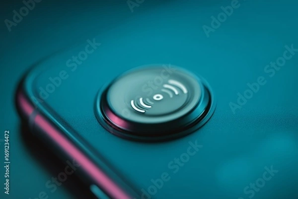 Fototapeta Close-up of smartphone camera lens with blue lighting.