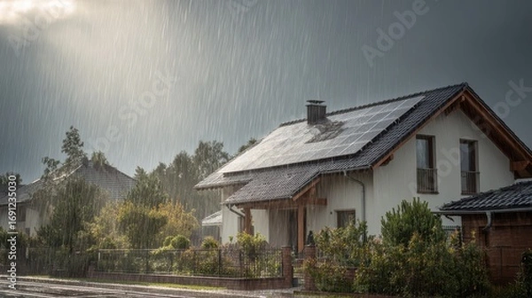 Fototapeta Stunning photo of rain falling on new suburban home with solar panels. Energy efficient modern residential property with photovoltaic system on roof. Eco-friendly green.