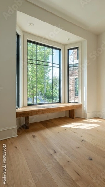 Fototapeta Stunning photo of natural light fills an empty room with light oak flooring and white walls. A large bay window features a cozy wooden seat, creating a warm and inviting.