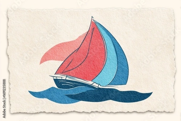 Fototapeta Colorful sailboat illustration on vintage paper with red and blue sails on the ocean.