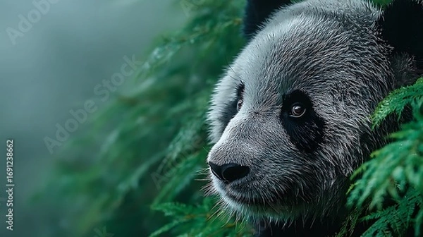 Fototapeta Gentle panda with bamboo greens high resolution image
