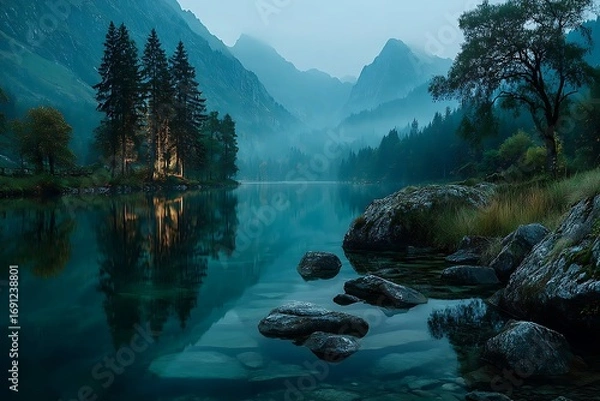 Fototapeta Peaceful alpine lake with mountains high resolution image