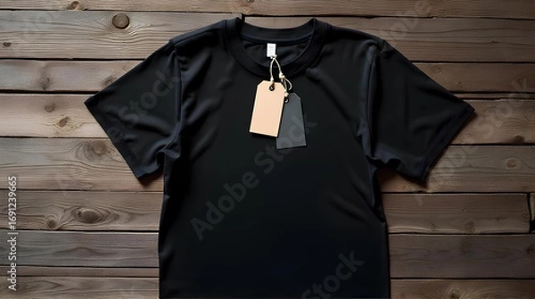 Obraz Blank white and green tag on black shirt on wooden table