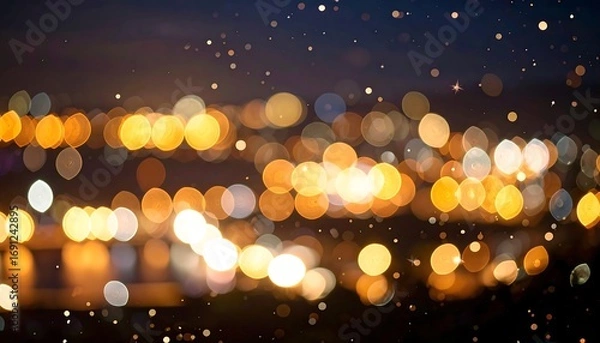 Fototapeta An out-of-focus nighttime cityscape with warm, glowing orbs of light against a dark, starry backdrop. 