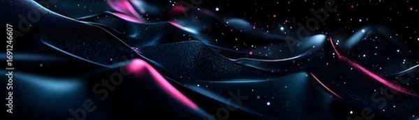 Fototapeta A deep space, dark night sky backdrop with flowing, textured waves of dark blue and pink light, dotted with small, glittering stars.
