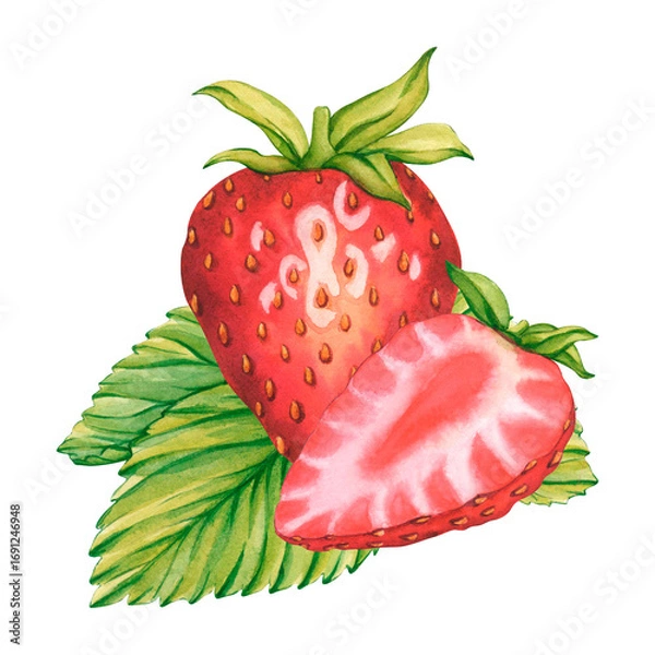 Obraz Watercolor illustration of whole and halved strawberries on green leaves. Bright and juicy Berries isolated. Botanical illustration. Ripe sliced strawberries for tea, jam or cosmetics label