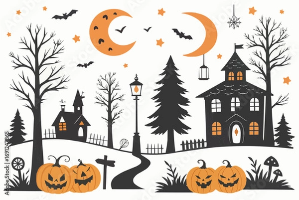 Fototapeta Halloween scene with haunted house, pumpkins, bats, moon and trees in a festive and spooky illustration