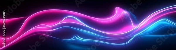 Fototapeta Abstract design featuring vibrant neon pink and blue flowing lines against a dark background.