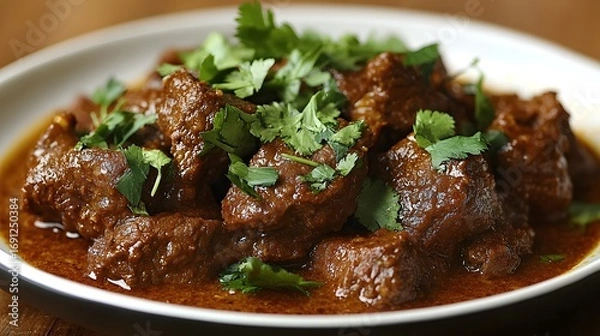 Fototapeta Aromatic and flavorful, rich beef curry with a generous garnish of fresh cilantro.