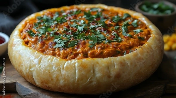 Fototapeta A large, rustic loaf of bread filled with a flavorful, spicy, orange-toned dip, garnished with fresh herbs.