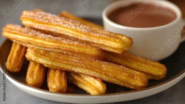 Fototapeta Golden-brown churros, dusted with sugar, are piled high on a plate, ready to be dipped in a mug of rich chocolate.