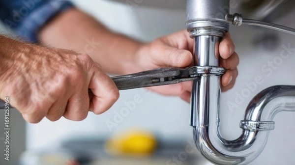 Obraz Fixing a sink drain under a kitchen countertop during a home maintenance project