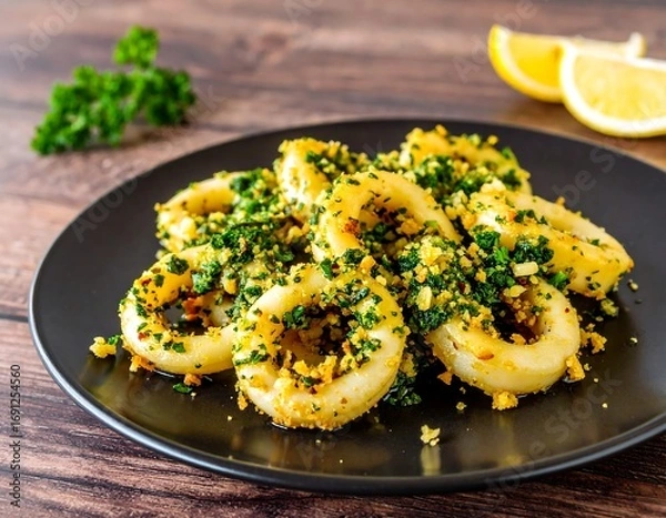 Obraz Pan-fried squid rings with herbs