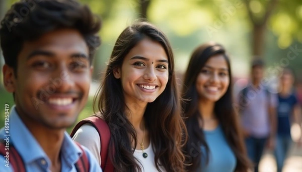 Fototapeta Smiling Indian classmates enjoying friendship, education, and academic life while preparing for future success