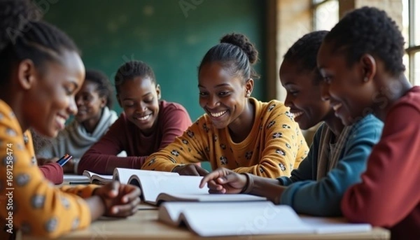 Fototapeta Group of African female students in classroom during lesson learning together with notebooks and books