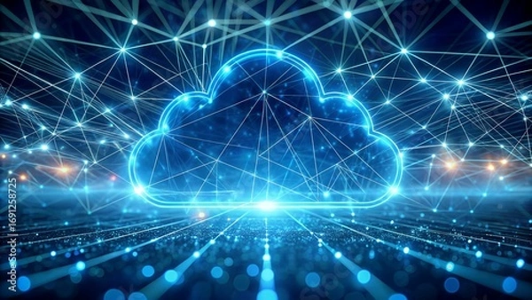 Fototapeta Secure digital cloud network connecting global data streams with brilliant blue futuristic technology