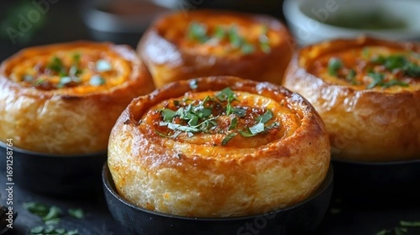 Fototapeta Close-up view of three golden-brown, baked savory rolls, filled with a savory mixture, garnished with fresh herbs, displayed in dark bowls.